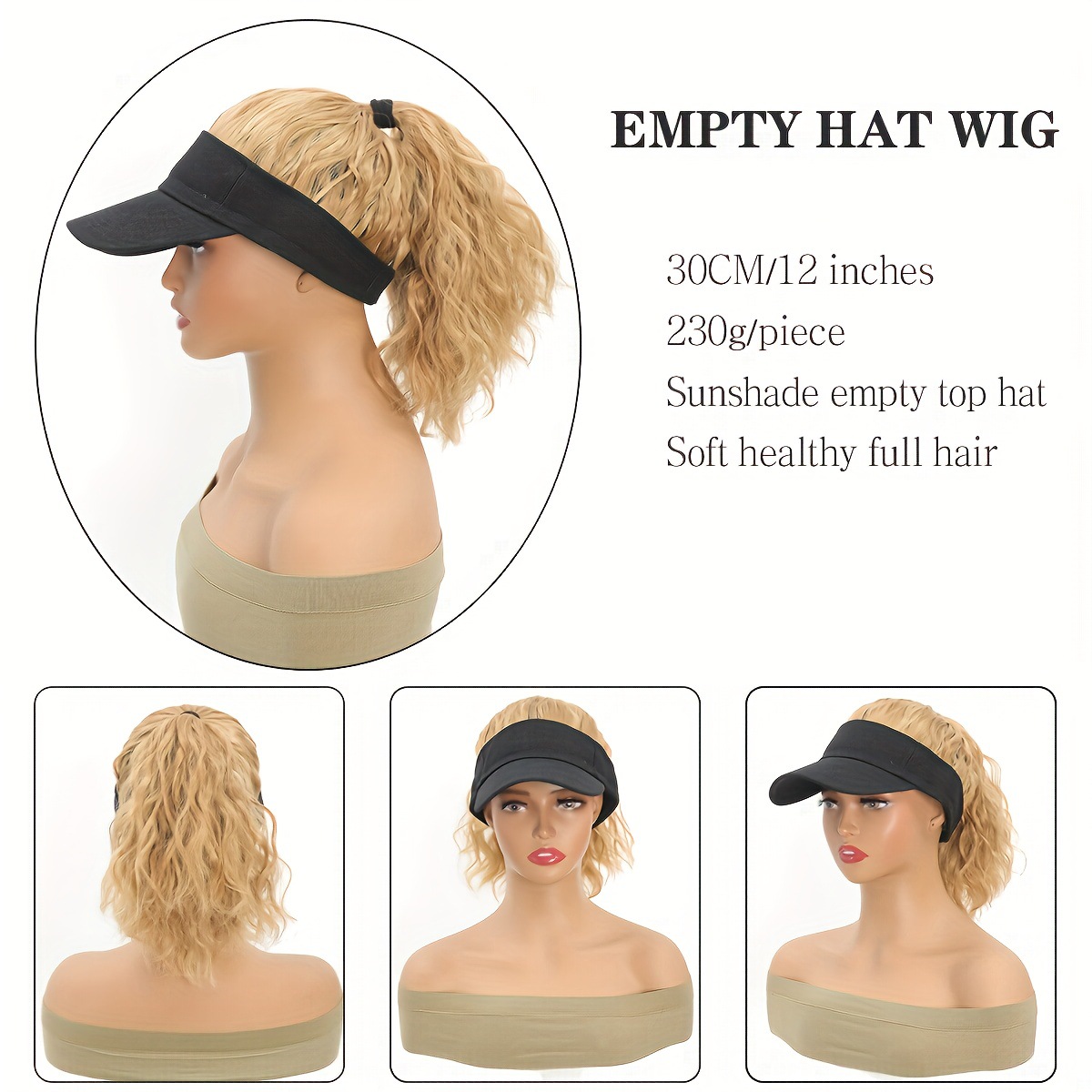 Women's Sun Black Cap Hat Integrated Synthetic Wig Corn Perm Ponytail Slightly Curly_voghion.com