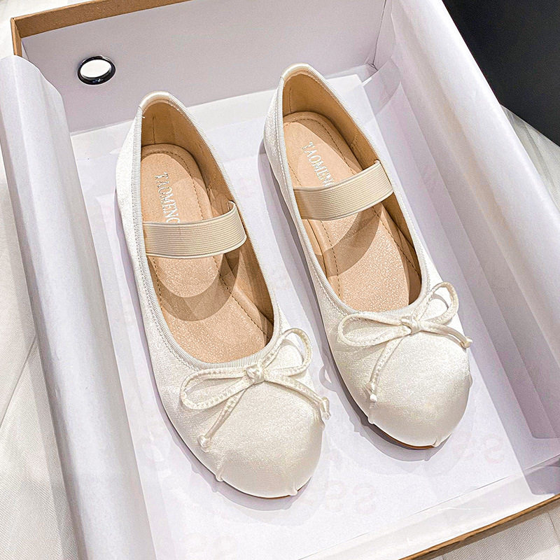 Giày búp bê nữ Mary Jane đế bệt mũi tròn thắt nơ chất liệu satin — Lụa thật màu hồng, Lụa thật màu trắng, Màu xanh lam lụa thật