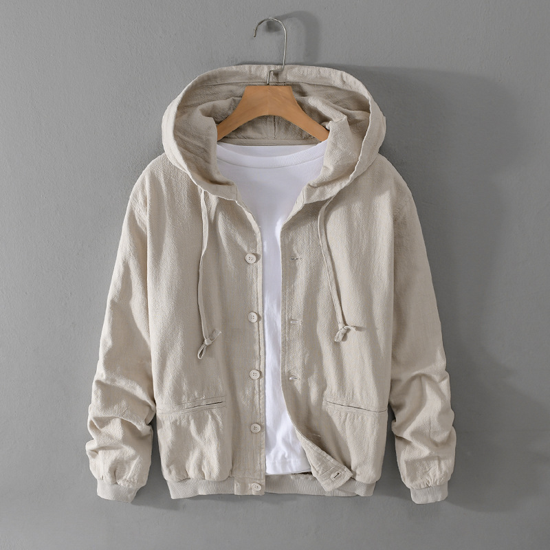 Hong Kong Spring and Autum New Men's Linen Jacket Casual Hooded Top Youth Trendyy Cotton and Linen Fabric Jacket Trendyy