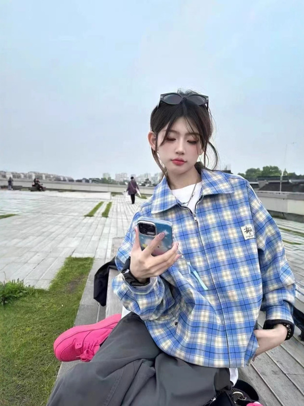 高品质STU斯图街潮美式格纹翻领夹克宽松经典拉链外套男女同款|undefined