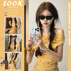 韓国系砕花一字肩tシャツ不規則なリボン女性夏2025新型修身デザイン感絶美上着