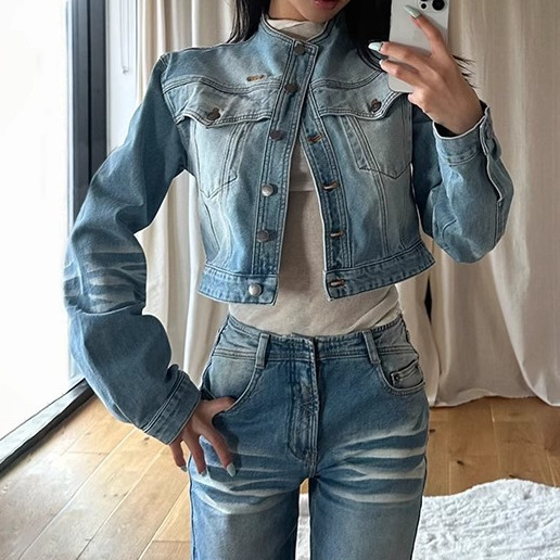 Women's Clothing Stand Collar Short Autumn Heavyweight Denim Jacket With Retro Stand Collar | Oversized Short Cropped Jacket For Men & Women_voghion.com