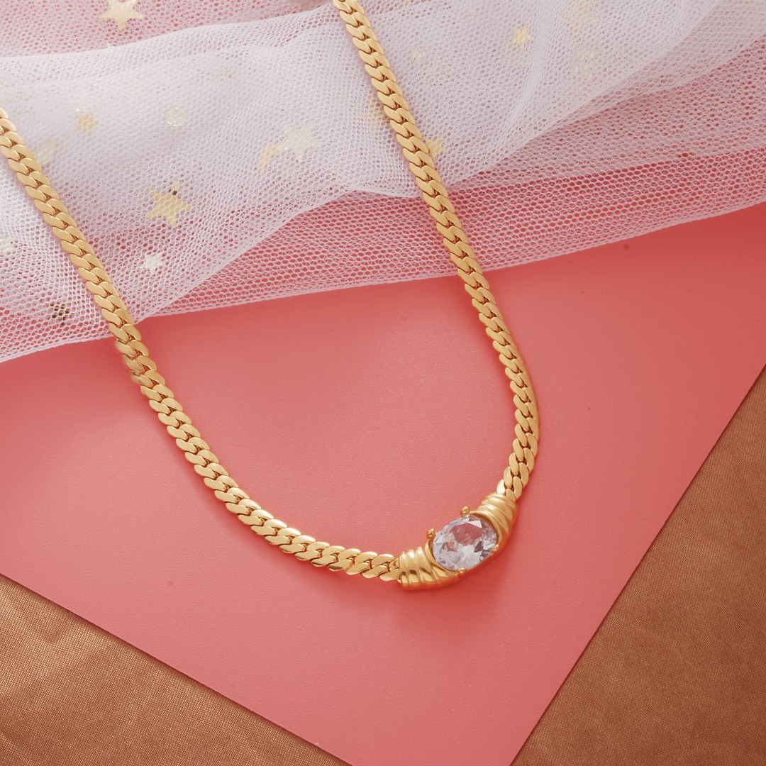 Titanium Steel Cuban Snake Bone Zircon Necklace For Women_voghion.com