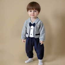婴儿绅士哈衣秋装假两件宝宝长袖连体衣服新生儿周岁礼服春秋爬服