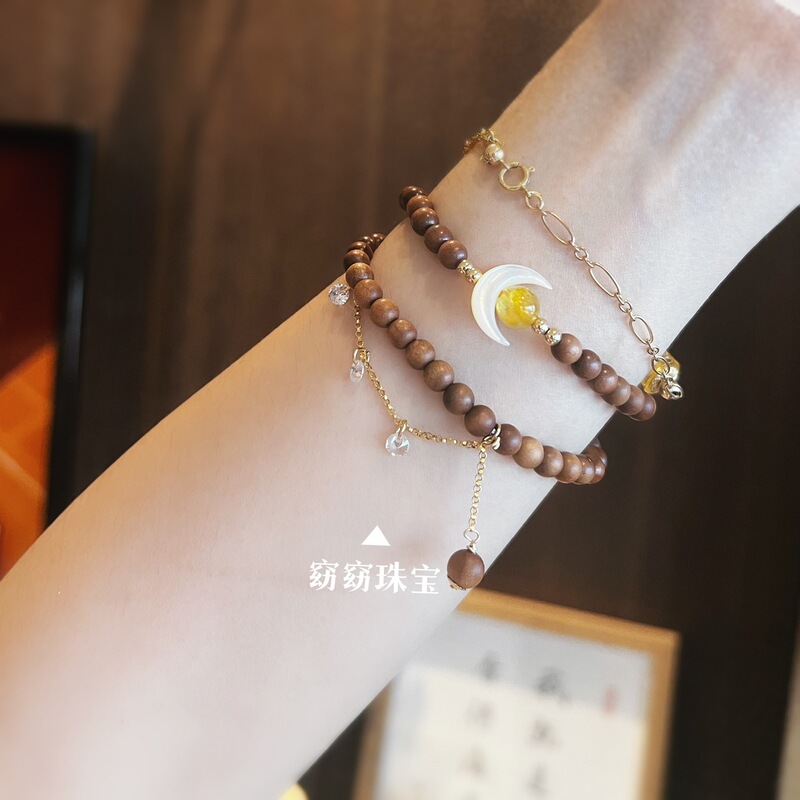 Moon and Sixpence | Original Design Natural Printed Black Meat Submerged Indian Old Sandalwood Two-Circle Bracelet Bracelet Female