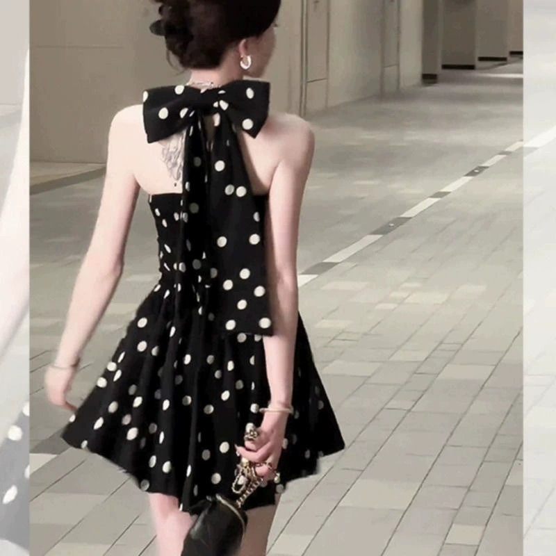 Женское платье в горошек с халтером, французский стиль, лето 2025, новый стиль, стройнящее, сексуальное, А-силуэта