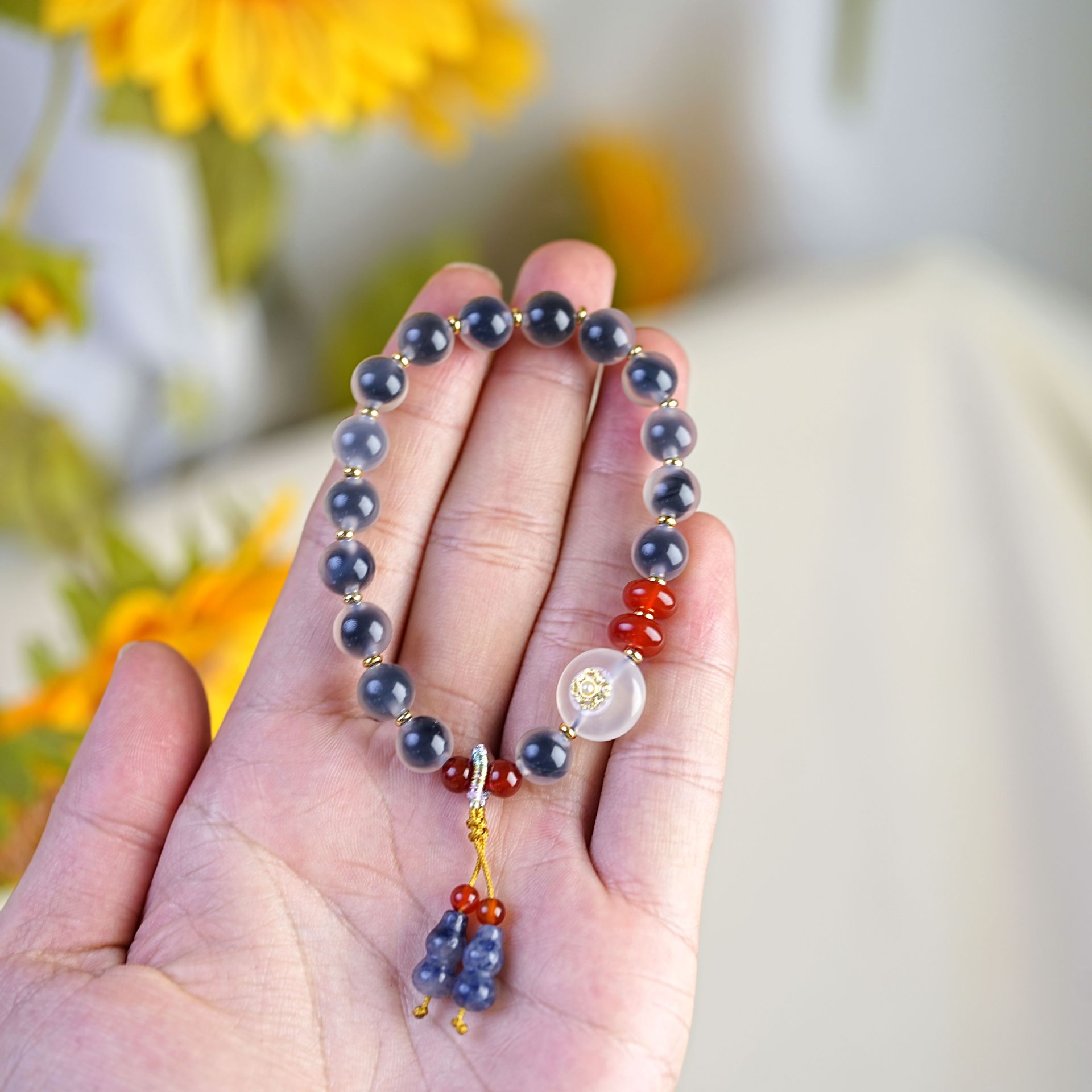 蓝溏心玛瑙手串女盐源平安扣宫廷风吊坠珍珠手链串珠饰品配饰批发