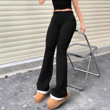 2025欧美跨境性感辣妹修身针织设计感宽腰头显瘦微喇长裤