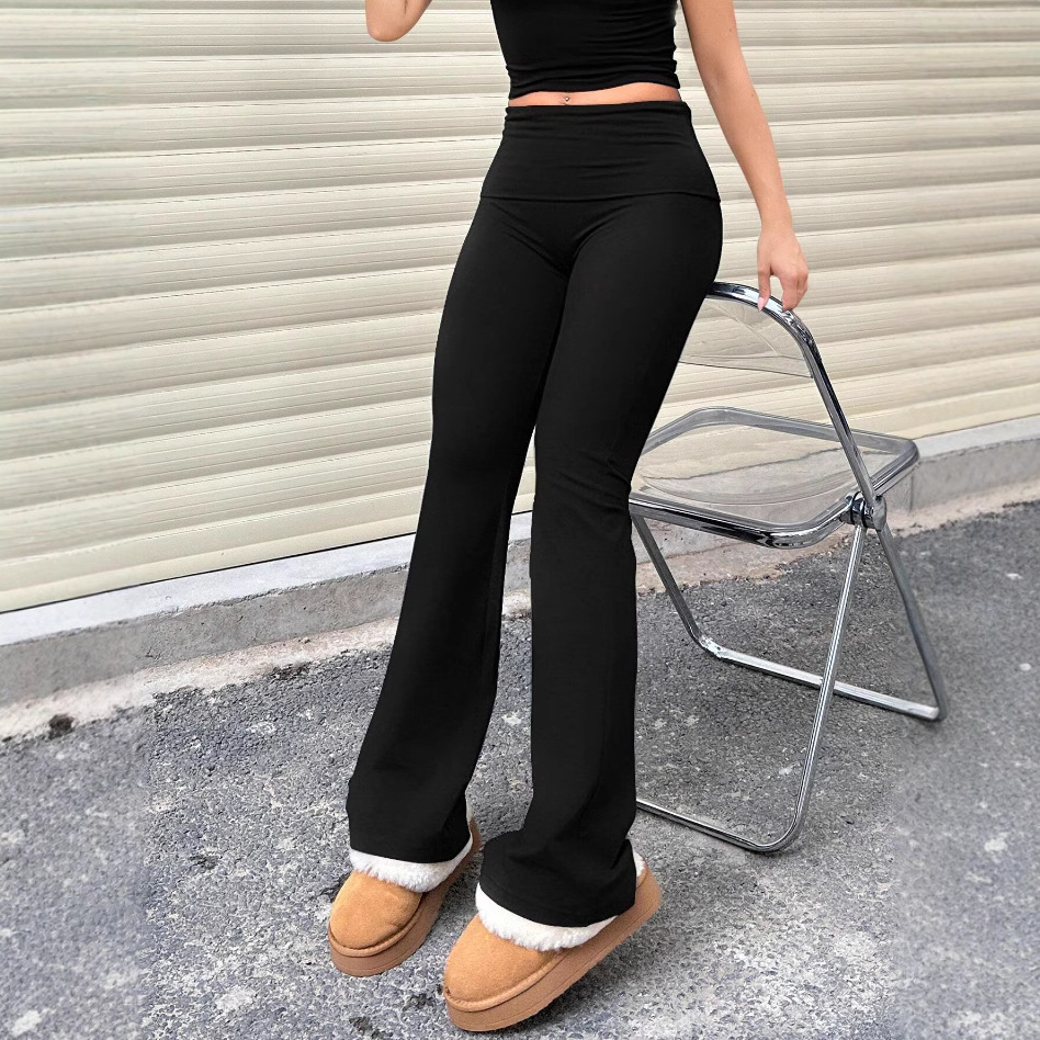 2025欧美跨境性感辣妹修身针织设计感宽腰头显瘦微喇长裤