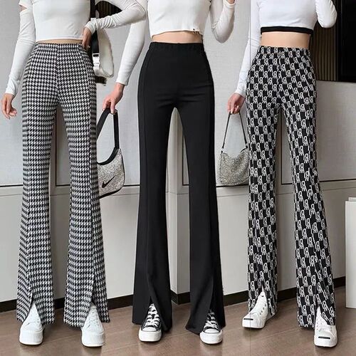 New style split casual pants, women's letters, high waist, slimming, falling, ice silk, wide-leg pants, fashionable spring and summer ins pants