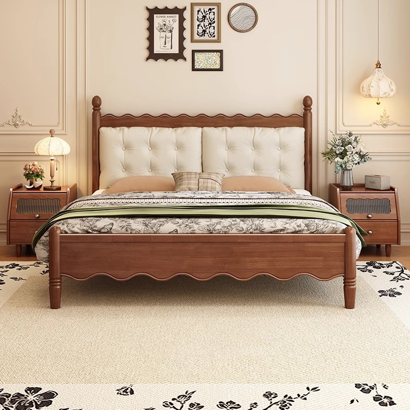 Cama de madera maciza de estilo crema medieval cama doble francesa Windsor dormitorio principal moderno simple nube pequeña casa
