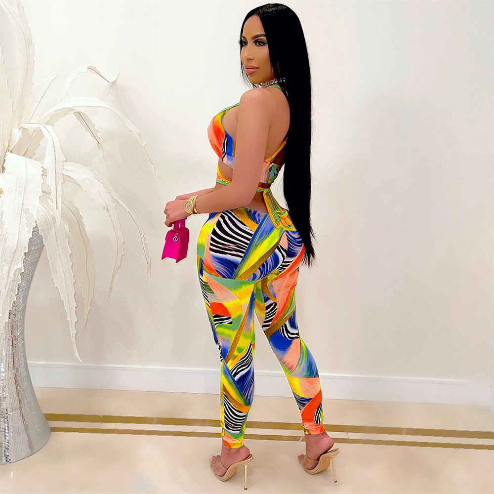 Summer Women Clothing Sexy Nightclub Digital Printing Cross Strap Jumpsuit