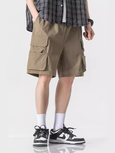 LKTM Men's Summer American Workwear Military Green Shorts for Men with Multiple Pockets, Thin Ice Silk Quick-Dry Five-Finger Mid-Calf Pants