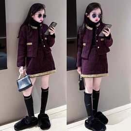 女童小香风套装裙秋冬洋气时髦中大童韩版加厚外套儿童裙子两件套