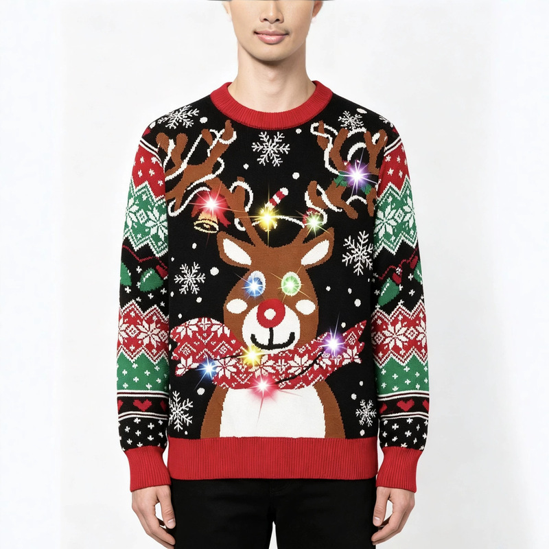 European and American Cross-Border Ugly Christmas Reindeer Jacquard Sweater with Led Lights, Festive Atmosphere Sweater, Source Factory Processing and Customization