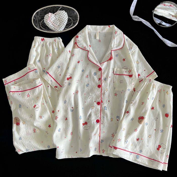 Wholesale Export Hot-Selling Women's Pajamas Three-Piece Set Cloud Cotton Sweet Lapel Cardigan Loungewear Set Loose Fit for Home Use Wholesale Export Hot-Selling Women's Pajamas Three-Piece Set Cloud Cotton Sweet Lapel Cardigan Loungewear Set Loose Fit for Home Use