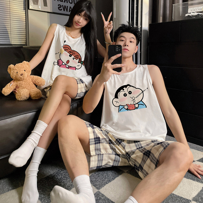 Crayon Shin-chan pijamas de pareja mujeres verano algodón chaleco pantalones cortos estudiantes de dibujos animados lindo traje de servicio a domicilio para hombres