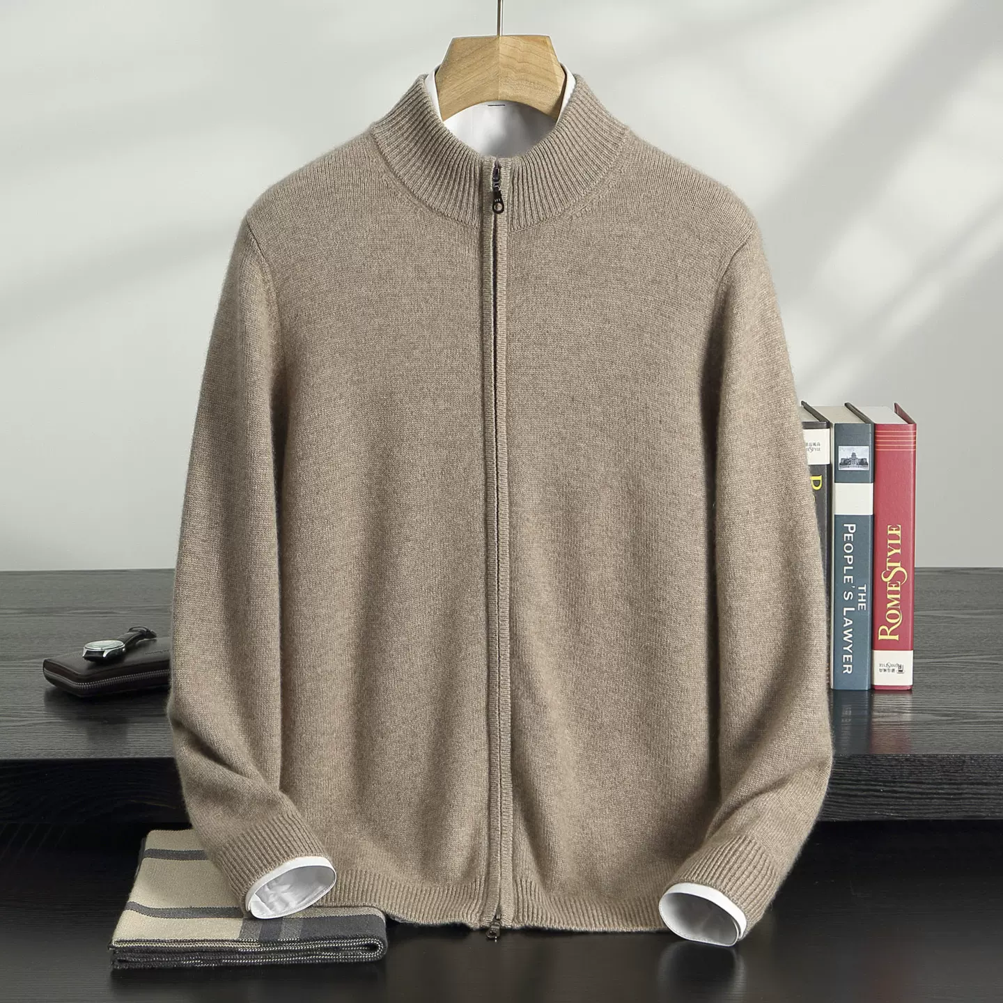 冬季加厚立领羊绒开衫男士半高领山羊绒衫休闲拉链外套空气层上衣