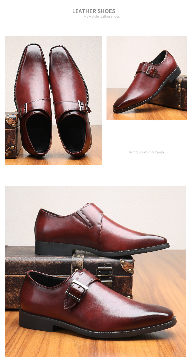 Business leather shoes square head dress casual shoes low top wipe color leather buckle cover foot_vogvips.com