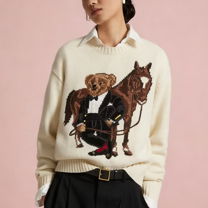 Top-Quality Pony Logo Sweater with Qr Code, R-L Wool Heavy-Duty Cartoon Bear Design, Popular Autumn and Winter Women's Casual Sweater Top-Quality Pony Logo Sweater with Qr Code, R-L Wool Heavy-Duty Cartoon Bear Design, Popular Autumn and Winter Women's Casual Sweater