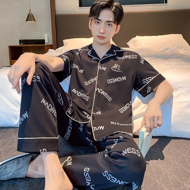 Pajamas de algodón para hombres coreanos, pantalones largos de mangas cortas de verano, ropa delgada para hombres, set de ropa exterior