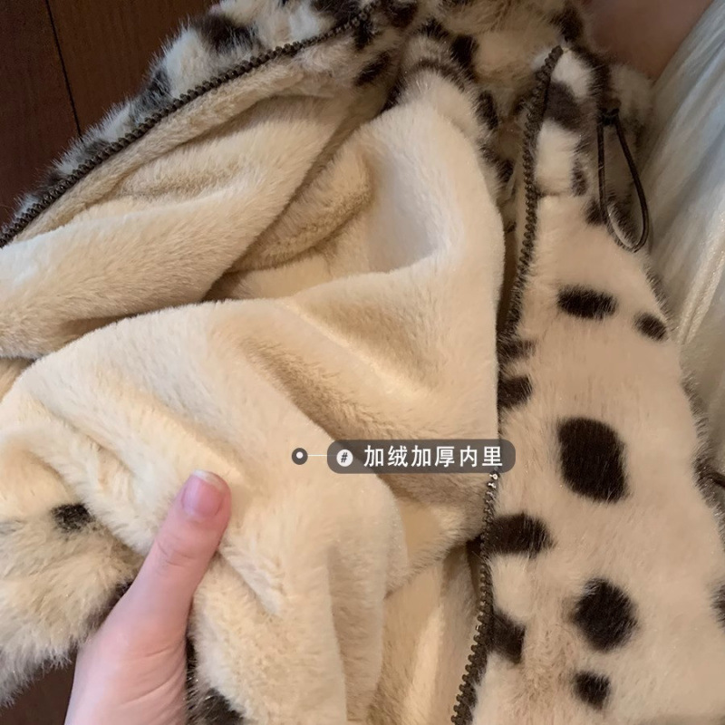 소녀 기모 두꺼운 코트 레오파드 무늬 2024 새로운 어린이 서양식 유행 겨울복 여자 모직 스웨터 코트