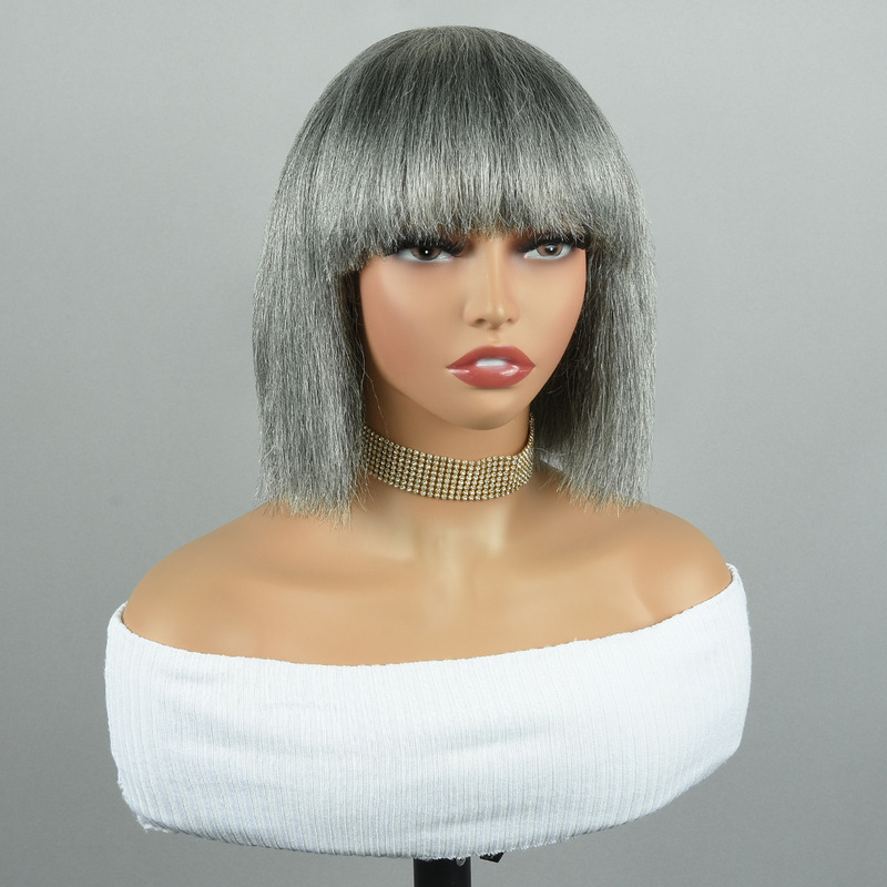 Granny Grey Color Machine Made Bob With bang Real Hair Wig Headgear