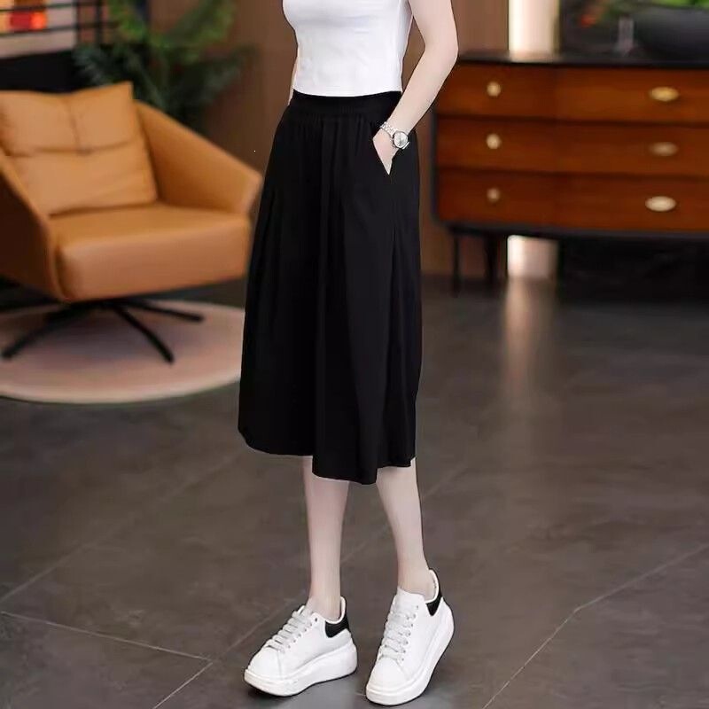 Summer Thin Cropped Wide-Leg Pants, Casual Versatile Breathable Ice Silk Pants, Loose Slimming Plus-Size Elastic Waist Six-Point Pants Summer Thin Cropped Wide-Leg Pants, Casual Versatile Breathable Ice Silk Pants, Loose Slimming Plus-Size Elastic Waist Six-Point Pants