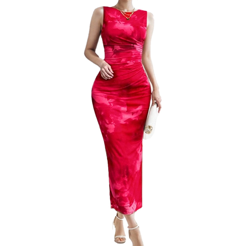 Printing Design Elegant Style, Temperament Commuter Style Wholesale Women's Elegant Style Temperament Commuter Printing Plant Flowers Office Daily Date Round Neck Sleeveless Hip Skirt