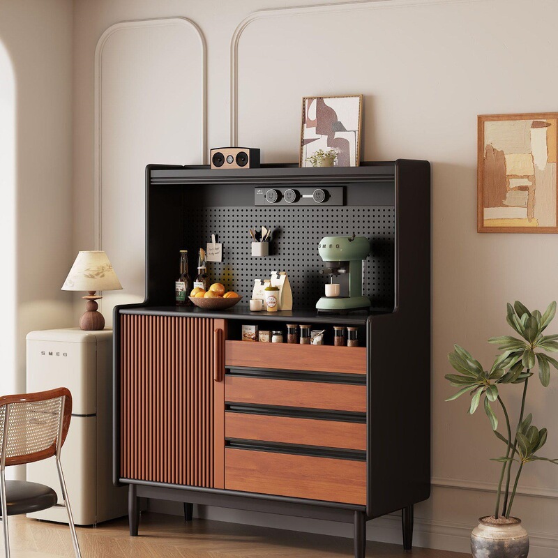 Solid Wood Mid-Century Retro Sideboard Against the Wall Integrated Hole Board Home Coffee Machine Kitchen Living Room Wine Cabinet Storage Rack