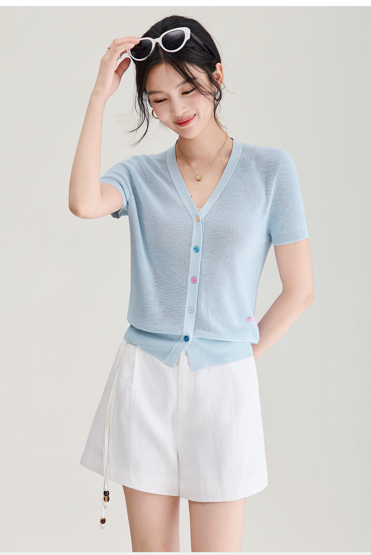 Áo cardigan nữ cổ V dệt kim sợi lanh siêu mịn, cúc màu, thoáng mát mùa hè — xanh lam chi tiết 5