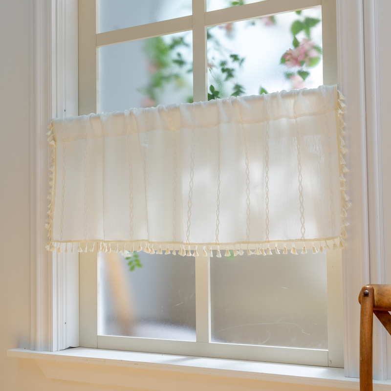 Cross-Border Hot Selling White Bohemian Curtains Farmhouse Living Room Bedroom Striped Embroidery Small Window Kitchen Curtain Short Curtain