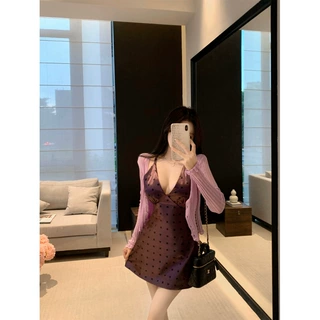 纯欲性感气质深v领波点修身吊带连衣裙+天丝针织长袖开衫两件套女