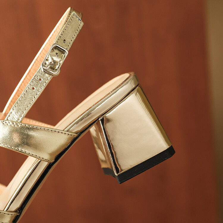 Sandal cao gót nữ da thật mũi vuông hở mũi gót thô 9 cm — Màu vàng, Màu bạc chi tiết 37