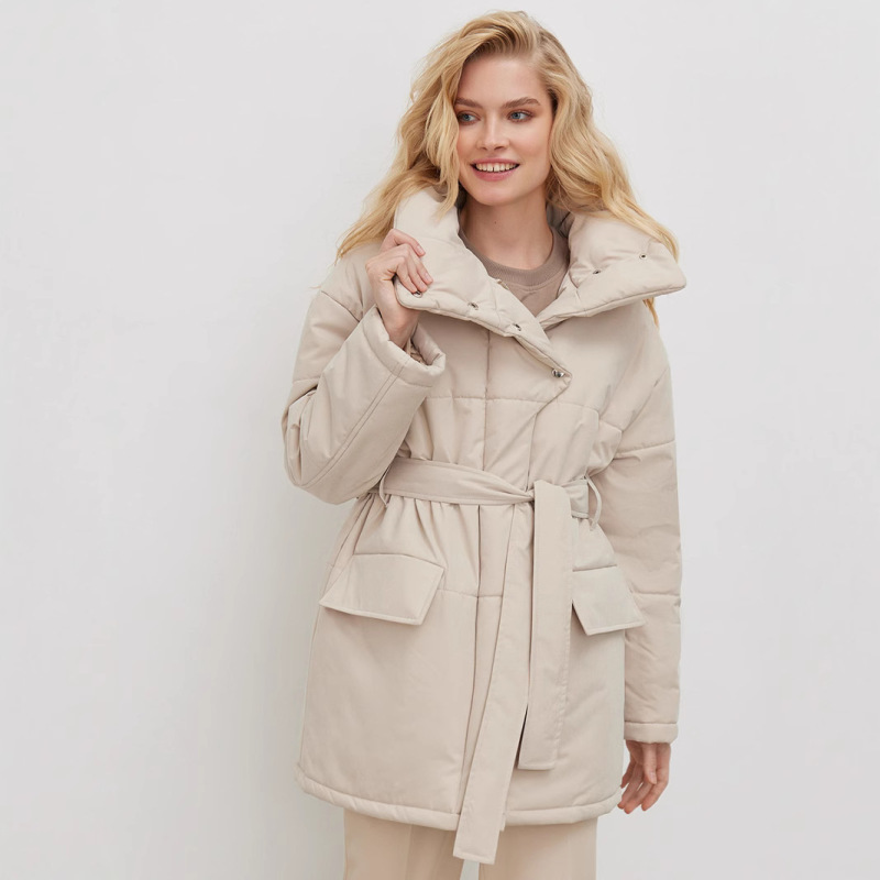 Cross-Border Stand-Collar Cotton Jacket, European and American Style, 2025 Autumn and Winter New Model, Elegant Belt, Irregular Mid-Length, Waist-Cinching, Long Sleeves