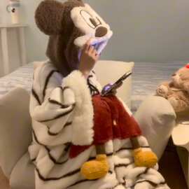 毛茸茸设计感卡通米奇珊瑚绒睡袍女2025新款秋冬季加绒加厚家居服