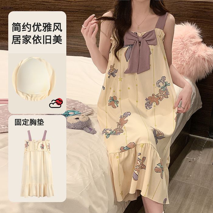Comercio exterior transfronterizo verano nuevo estilo pijama damas imitación algodón cojín en el pecho camisón bowknot servicio a domicilio de longitud media