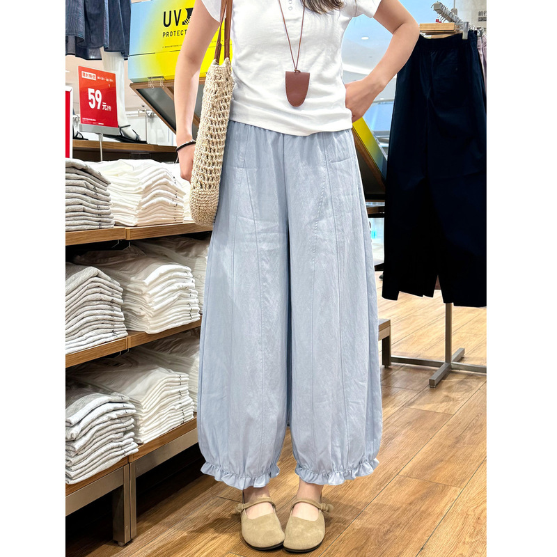 Blue Ice Silk Japanese-Style Ruffled Hem Floral Pants for Women, Summer 2026 New Style, Simple Loose Fit, Slimming Nine-Point Wide-Leg Pants