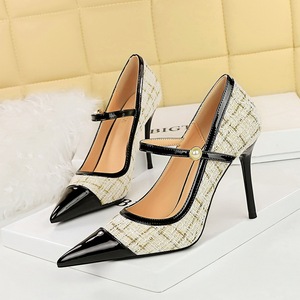 3739-6 French Small Fragrance Style High Heel Shoes Women's Shoes Slim Heels, Light Mouth Color Block, Pointed Toe,