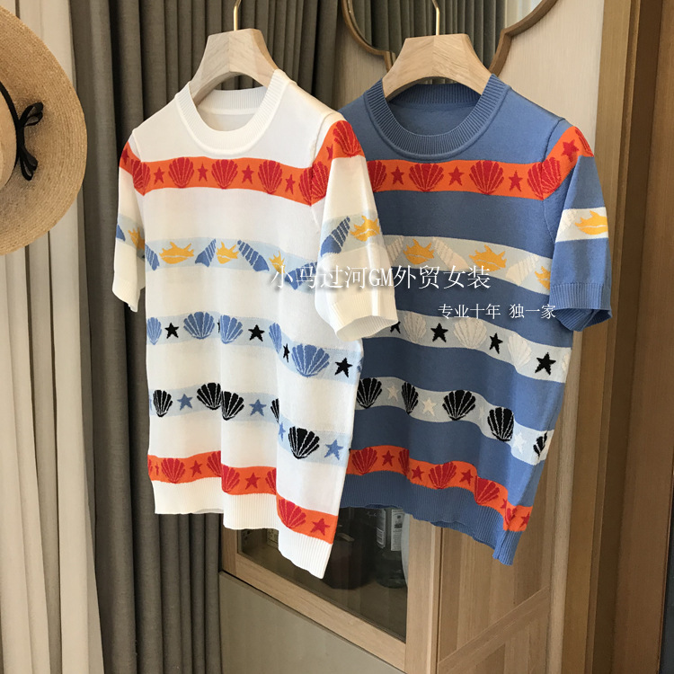 Great age reduction white ~ ice cool breathable ~ ocean printing small loose contrast color slim short sleeve sweater top women's summer
