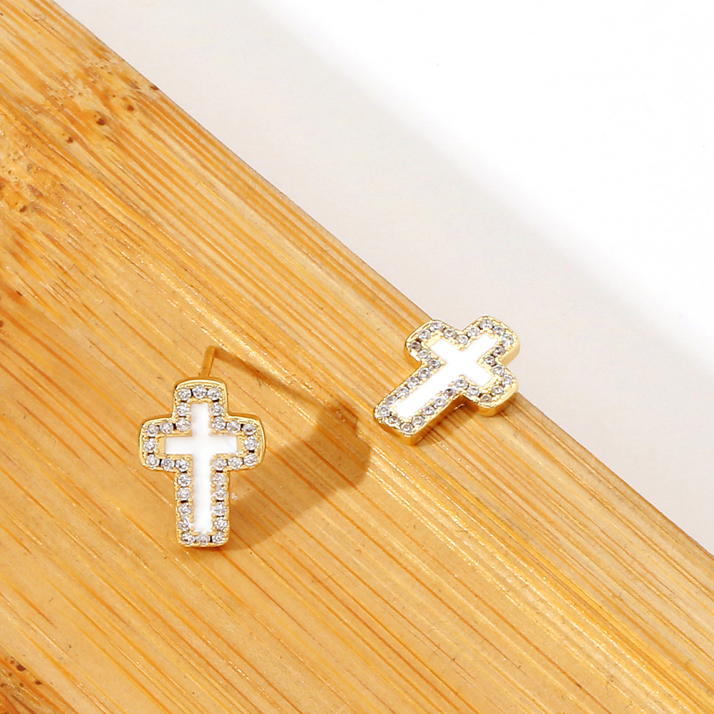 new cross drip oil copper inlaid zircon earrings