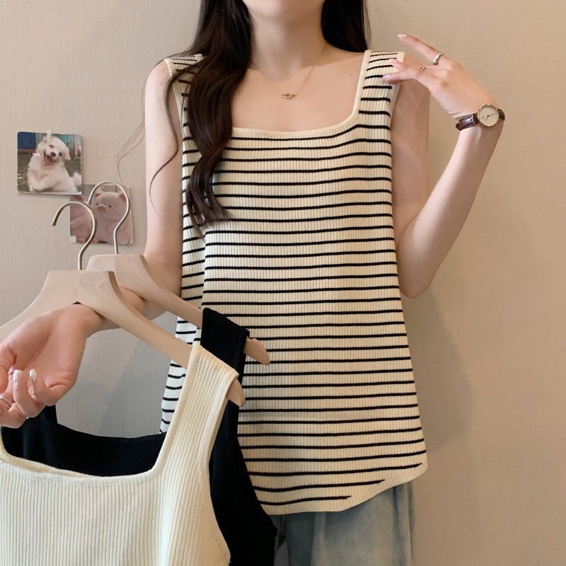 背心吊带打底上衣内搭显瘦条纹大码女装U领遮肉胖mm针织宽松包邮