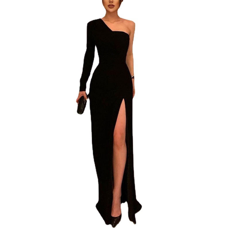 Comercio exterior europeo y americano Amazon AliExpress deseo vestido de noche de las mujeres vestido de novia negro nuevo vestido de manga larga de un solo hombro