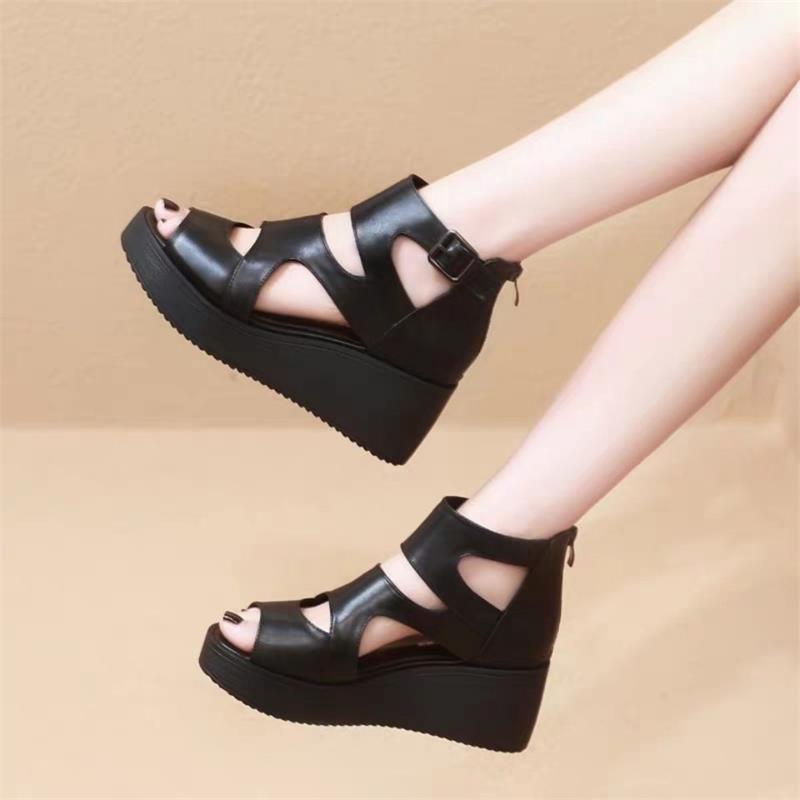 2024 primavera y verano sandalias de tacones altos muffins sandalias de suela gruesa tacones de pez boca zapatos de mujer huecos zapatos romanos transpirables