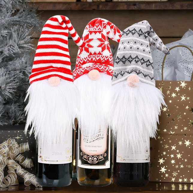 Decoración de Navidad sombrero de punto bosque viejo cubierta de vino muñeca sin cara cubierta de vino hotel restaurante decoración de botella de vino