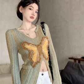 法式复古蝴蝶结针织衫女秋冬新款辣妹设计感小众开叉显瘦打底毛衣