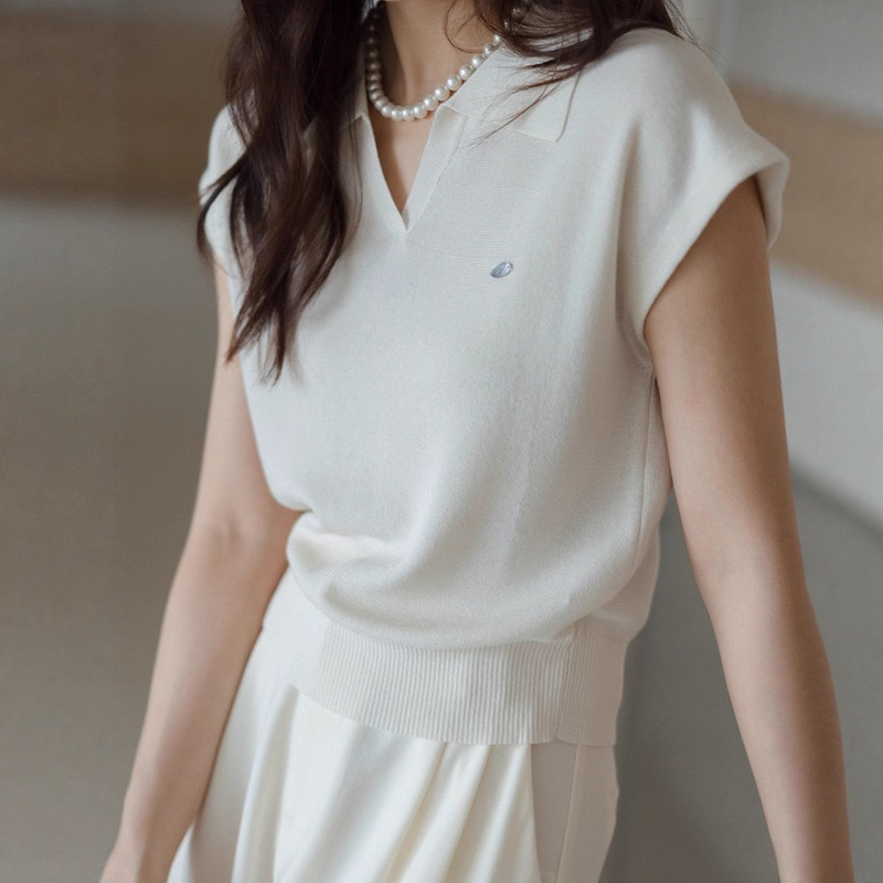 白色亚麻天丝翻领针织短袖女2025新款夏气质短款POLO衫上衣A5361|undefined