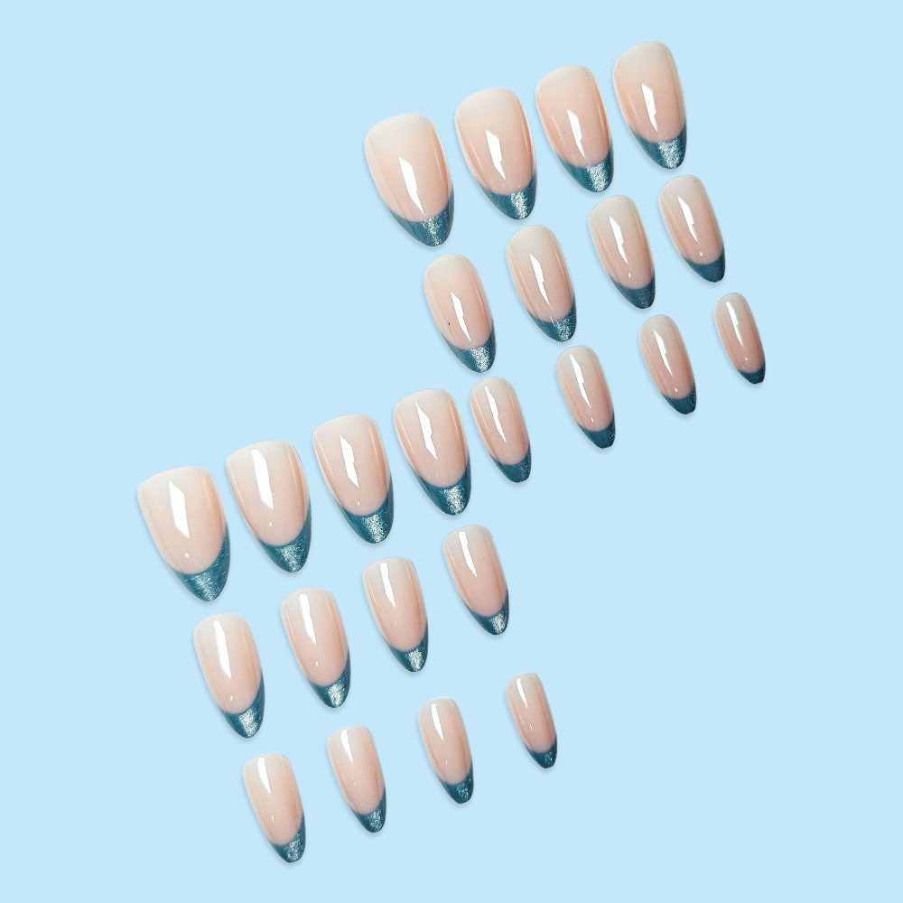 Uñas postizas cortas de primavera y verano, estilo francesa ojo de gato con base nude, frescas y modernas, paquete de 24 piezas, surtido variado.