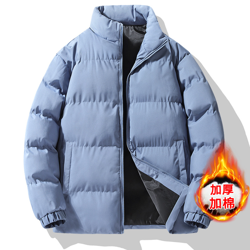2025 winter stand-collar cotton jacket, trendy loose-fit style, suitable for students and couples, casual and simple design, warm and windproof, available in plus sizes