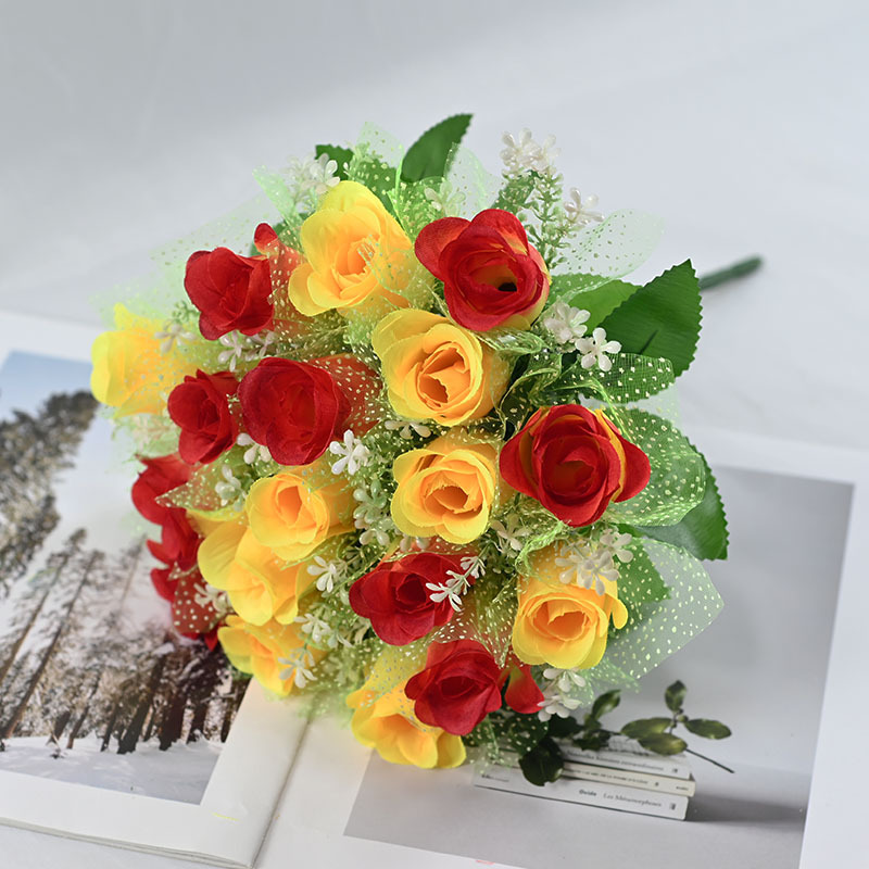 Fuente de fábrica de pantalla de fotos flores de simulación transfronteriza rosa 18 cabezas con hilo de cabeza plana decoración de bodas de hotel ramo de flores falsas